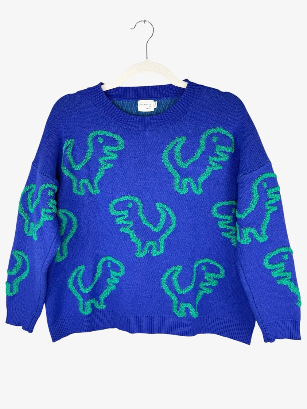 Dreamers by Debut Blue & Green T-Rex Dinosaur Oversized Knit Sweater S Whimsical